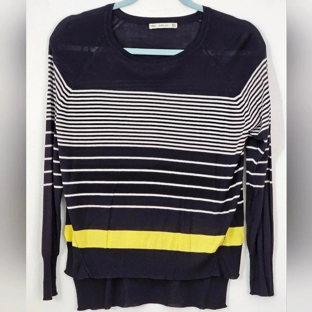 ZARA KNIT Navy White Yellow Striped Long Sleeve Crew Neck Sweater‎ Top Women M